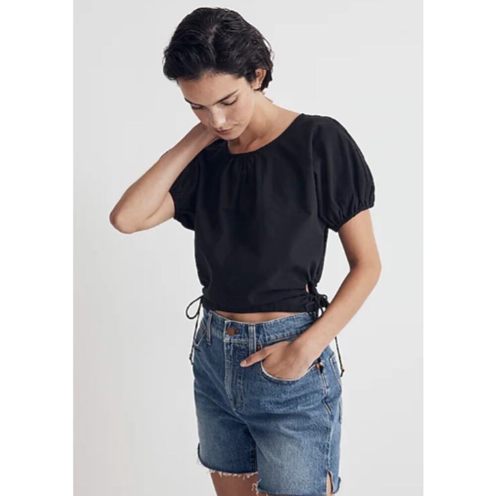 Madewell Poplin Puff-Sleeve Cutout Crop Top Blouse Black Size XXS NEW